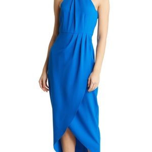 Julia Jordan Knot Neck Halter Dress withTulip Hem in blue. Size 16